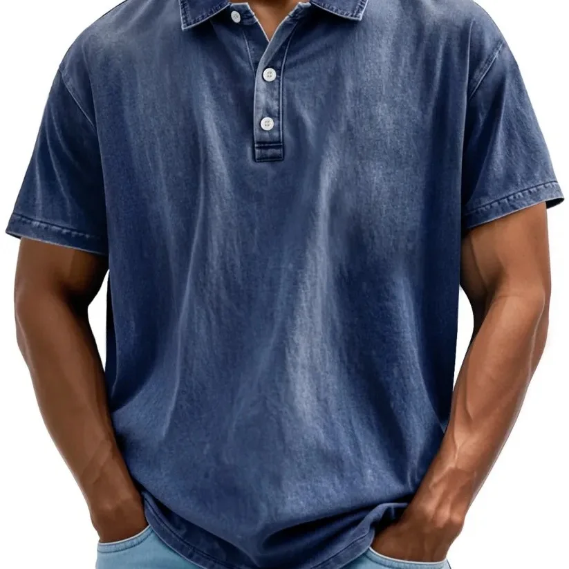 

Мужская хлопковая футболка-поло с коротким рукавом 2026 года, с эффектом потертости, в стиле ретро, европейско-американский повседневный винтажный топ