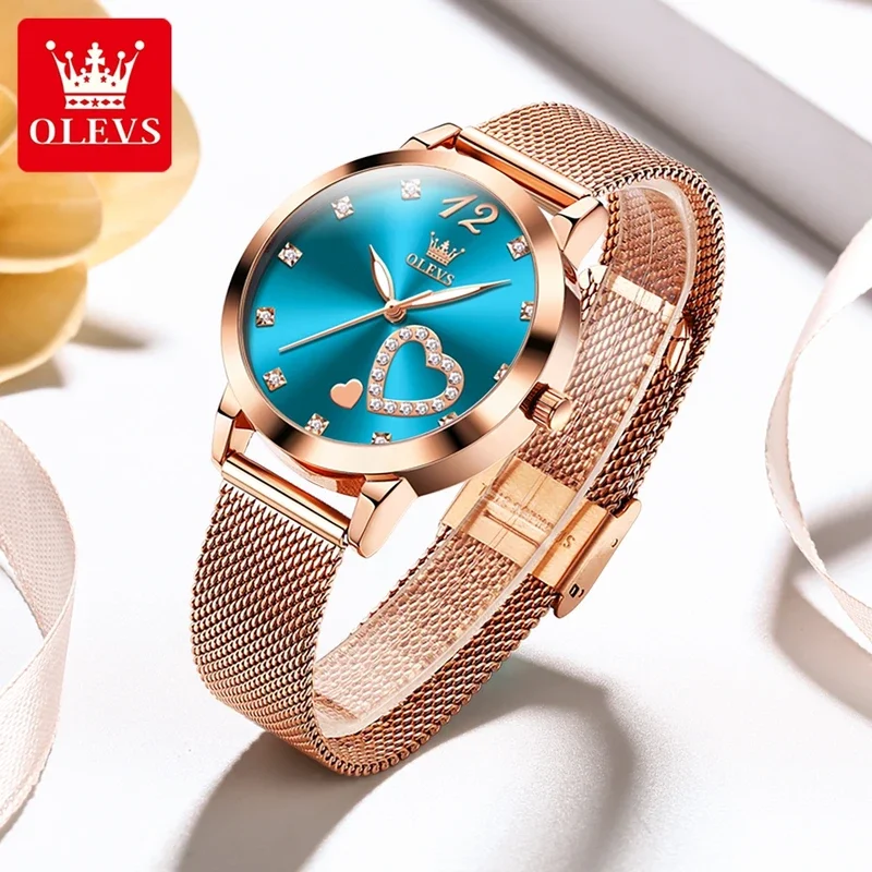 

OLEVS 5189 Ultra Thin Quartz Women Watch Luxury Mesh Steel Strap Fashion Heart Shape Dial Ladies Wristwatch New In