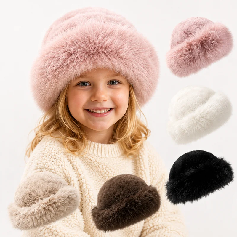 Chapeau d'hiver en fausse fourrure pour enfants, chaud, coupe-vent, avec cache-oreilles en peluche, chapeau seau épais et doux pour garçons et filles.