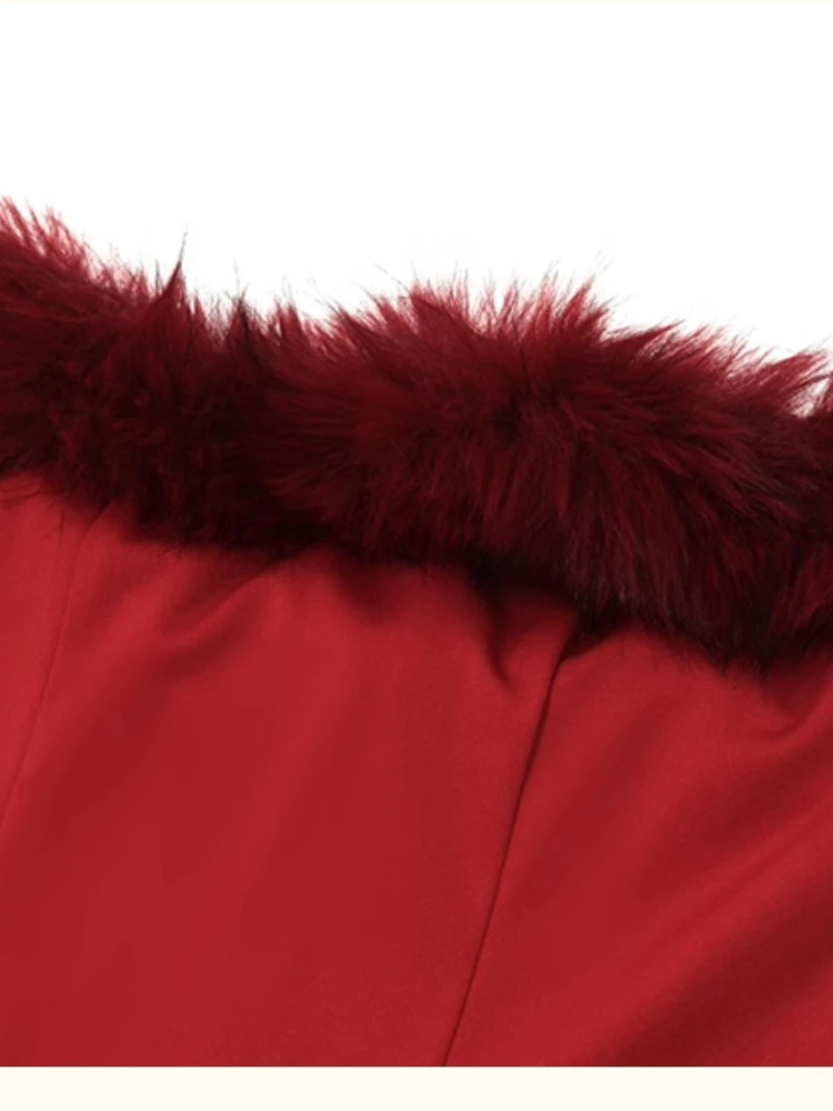 Moda sexy estilo vermelho vestido sem alças feminino outono vintage fino ajuste pele guarnição bustier bodycon mini vestido elegante roupa de festa