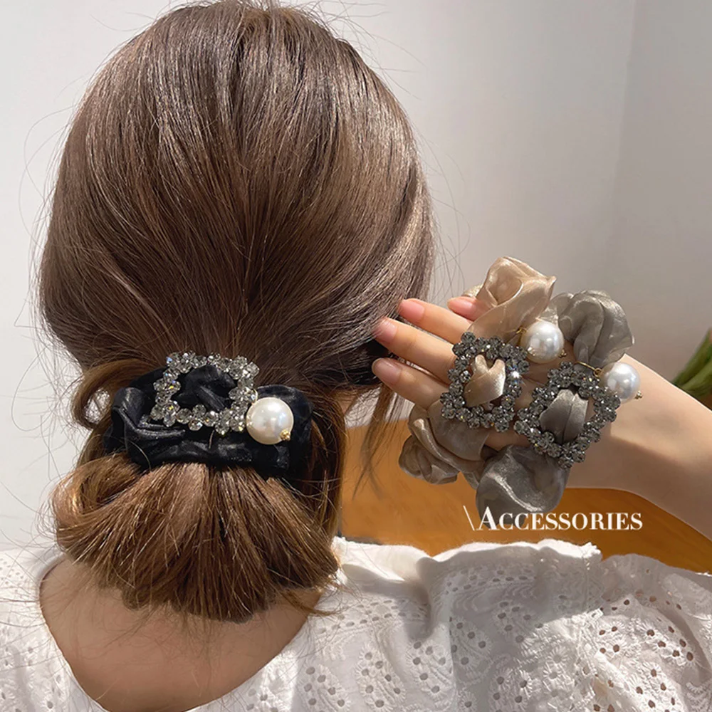 Elegant Organza Large Intestine Hair Ties Elastic Glitter Rhinestone Pearl Hair Ropes Women Ponytail Holder Rubber Hairbands