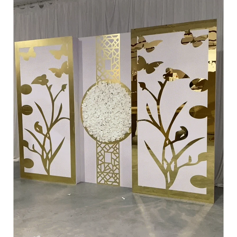 

Luxury Gold Wedding Flower Arch Rose Morning Floral Acylic &PVC Backdrop For Rental