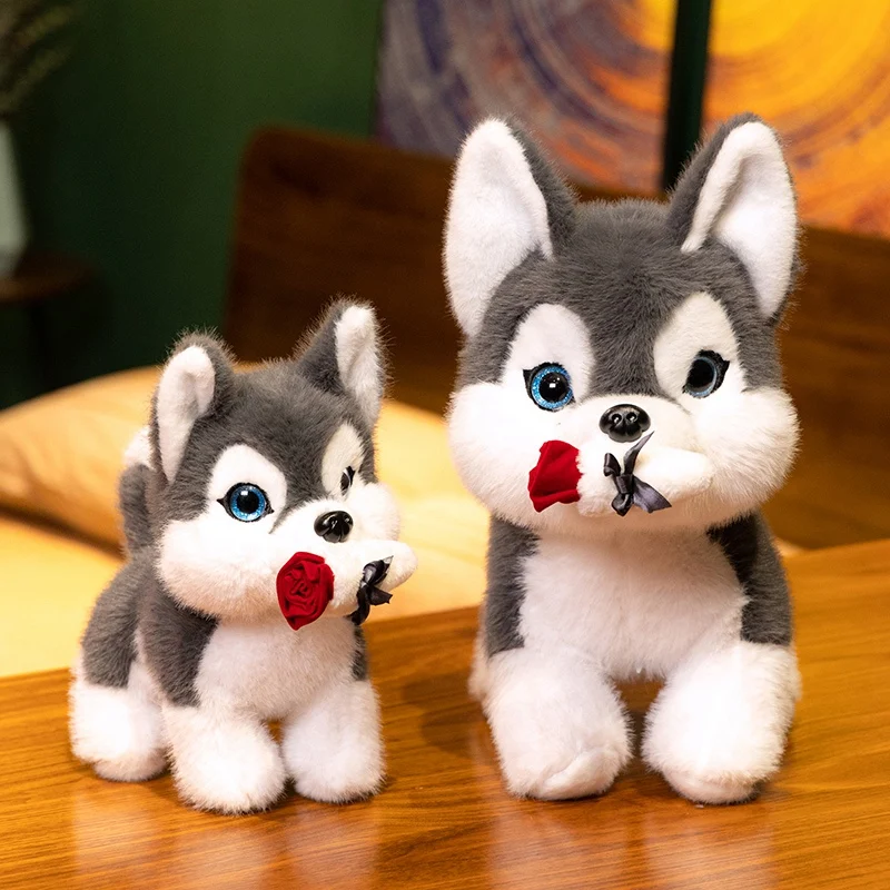 

Cute Husky Dog Plush Toy Hold Rose Plush Toy Stuffed Animal Soft Kawaii Pet Puppy Pillow Doll Toys for Valentine's Day Gift