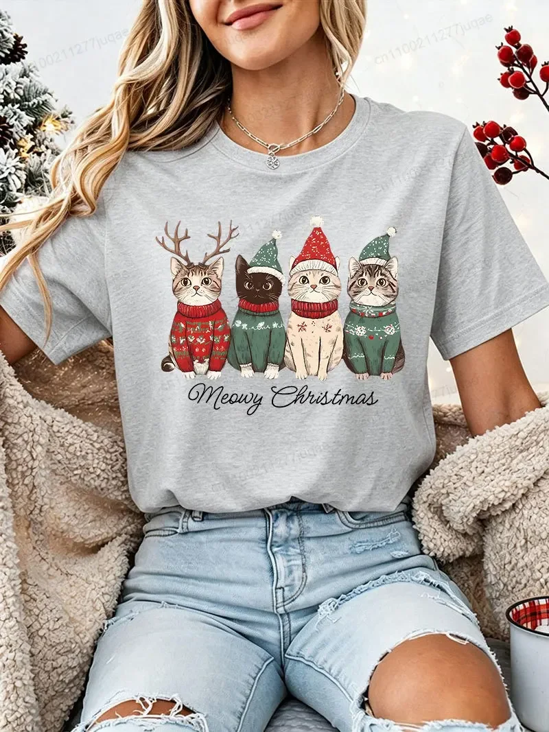Women Christmas T‑Shirt Meowy Christmas Cute Cat Xmas Sweater Hat Reindeer Print Short Sleeve Casual Holiday Party Tee Tops gift