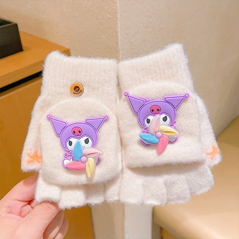 

New Sanrio gloves winter girls cute half finger flap warm knitting line cartoon gloves children's thickened gloves