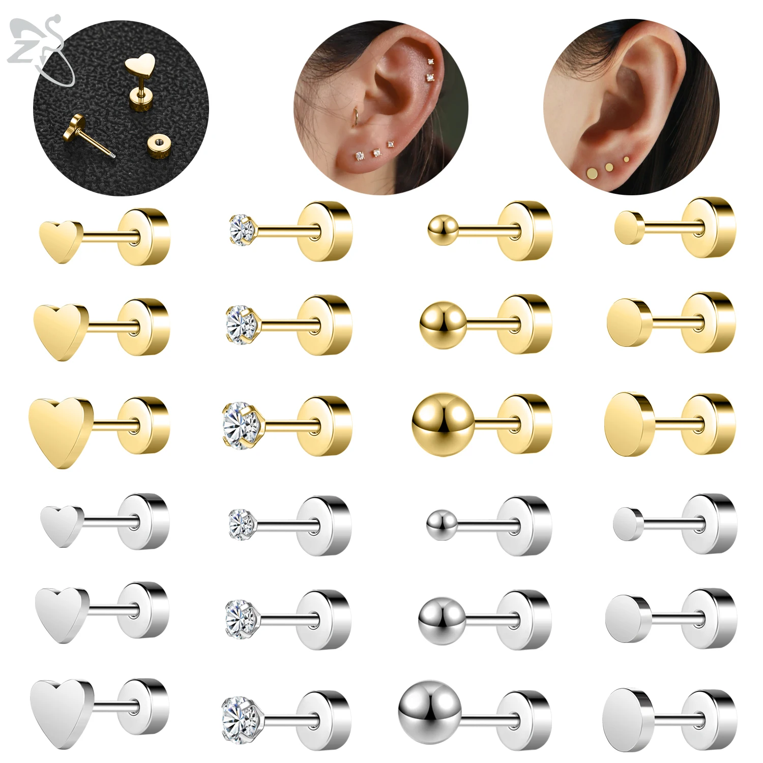 ZS 3Pair Stainless Steel Ear Studs Heart Stud Earrings Moonstone Tiny Cartilage Earrings Gold Color Conch Helix Piercing 20G