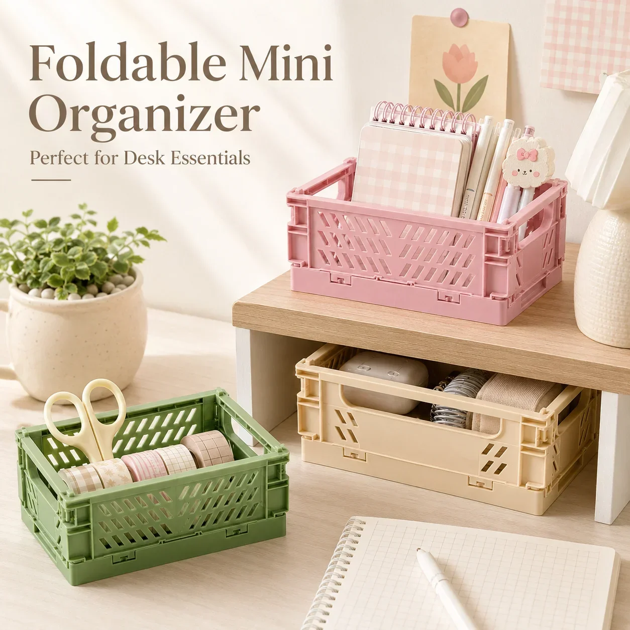 Foldable Mini Plastic Storage Box, Student Desk Organizer, Collapsible Basket for Journal Tape and Craft Supplies