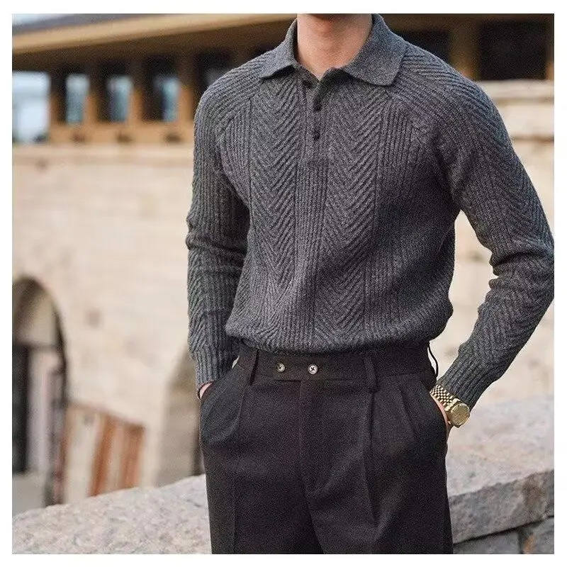 Fashion Textured Knitted Sweaters Men's Polo Shirts Long Sleeves Turn Down Collar Jumper Tops Spring Autumn Winter Men Clothing