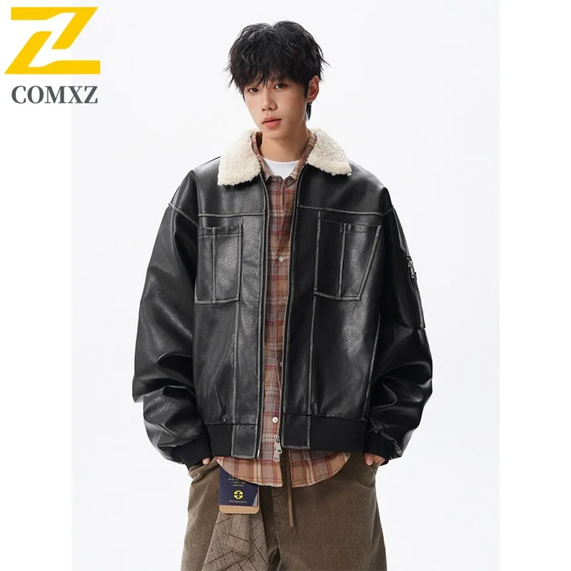 

COMXZ 2025 Wool Collar Faux Leather Jacket Cotton Padded Men's Vintage Style Short PU Coated Winter Casual Streetwear Outerwear