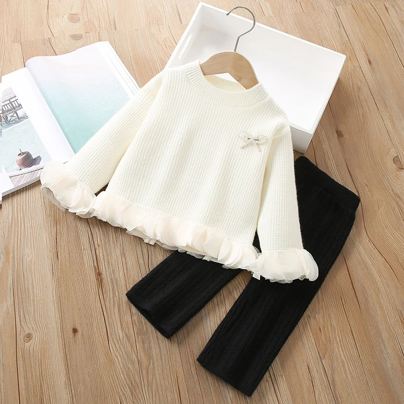 2026 New Spring 2-6Yrs Baby Girls Clothing Set Long Sleeves Knitted Pullover Sweater+Pants Kids Knitted Clothing Suit