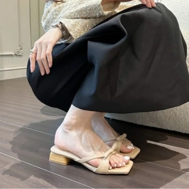 Women Sandals Square Heels Elegant Summer Slippers Outside Bowknot Leather Ladies Slides Fashion Claquette Femme Tongs Femme