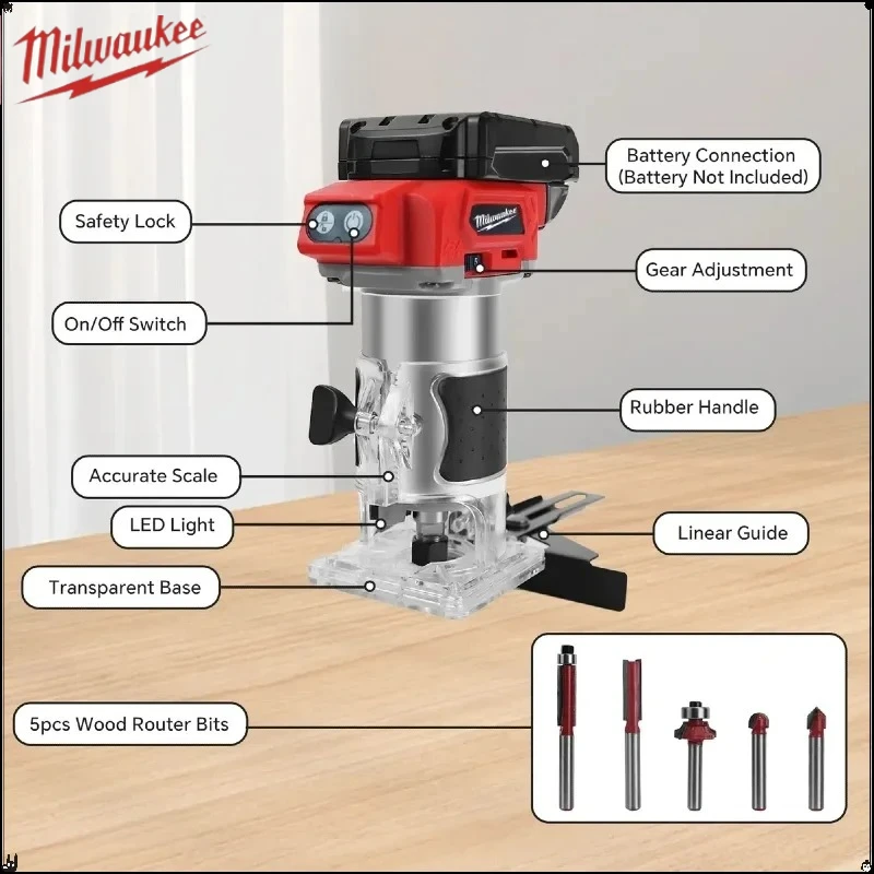 Milwaukee 800W bezkartáčová kompaktní frézka, 5 rychlostí, dřevoobráběcí frézka, 30 000 ot./min, akumulátorová elektrická vyžínačka pro 18V baterii - náhled 4