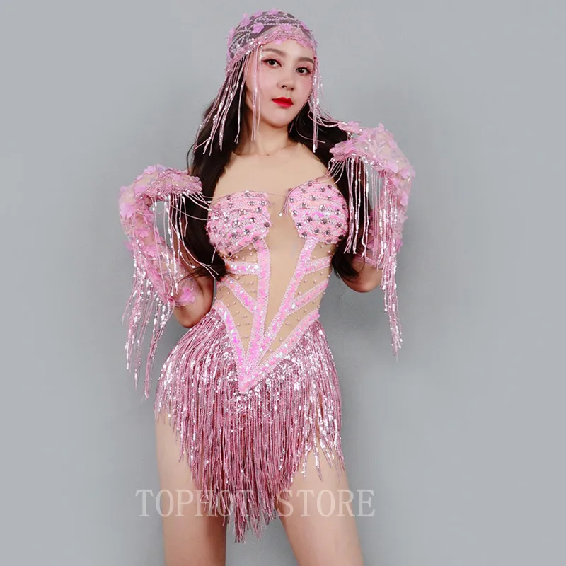

Sexy Stage Pink Sequins Tassel Bodysuit Fringe Gloves Headgear Dance Outfit Bar Nightclub Women Gogo Dancer Performance Costume