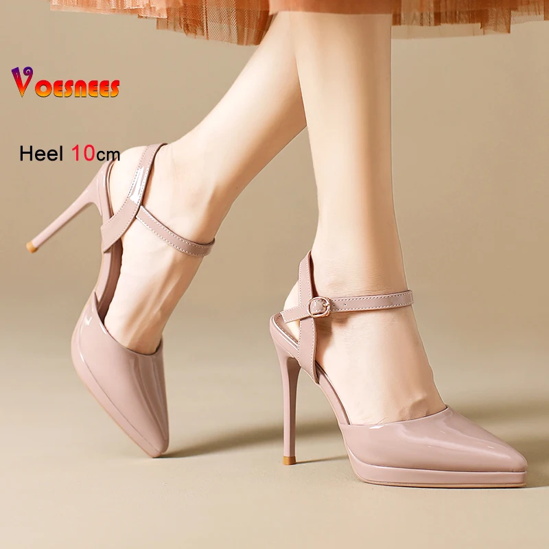 

2026 Summer Pointy Toe Sandals Women Office Career Shoes Glossy Patent leather Ankle Strap Elegant Ladies 8CM 10CM High Heels