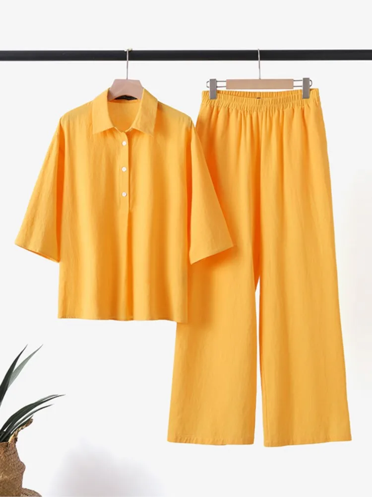 Spring Autumn Fashion V-neck 2 Piece Set Women\'s Loose Shirt Pants Suit Female Casual With Half Open Top And Wide Leg Pants Sets