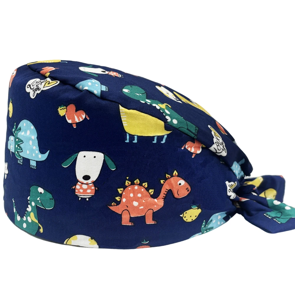 หมวกผ่าตัดพิมพ์ลายไดโนเสาร์แบบ unisex ผ้าฝ้าย ระบายอากาศได้ดี ปรับขนาดได้ หมวกทำงานสำหรับพยาบาลและแพทย์ หมวกสำหรับห้องผ่าตัด