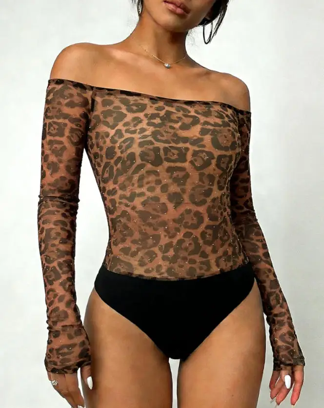 

Женский комбинезон: летний, модный и сексуальный, цельный, с открытыми плечами, леопардовым принтом, прозрачной сеткой, облегающий.
