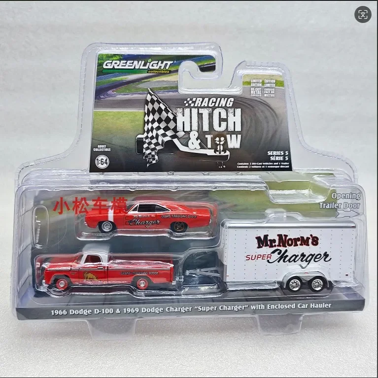 greenlight-1-64-1966-dodge-d-100-and-1969-chargers-closed-trailer-supercharger-mr-norm's-car-model-toys-gifts-collection