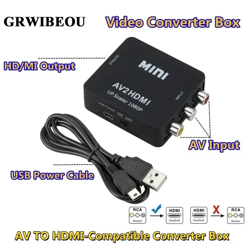 

AV TO HDMI-Compatible RCA AV/CVSB L/R Video to HDMI-compatible AV Scaler Adapter HD Video Converter Box 1080P Support NTSC PAL