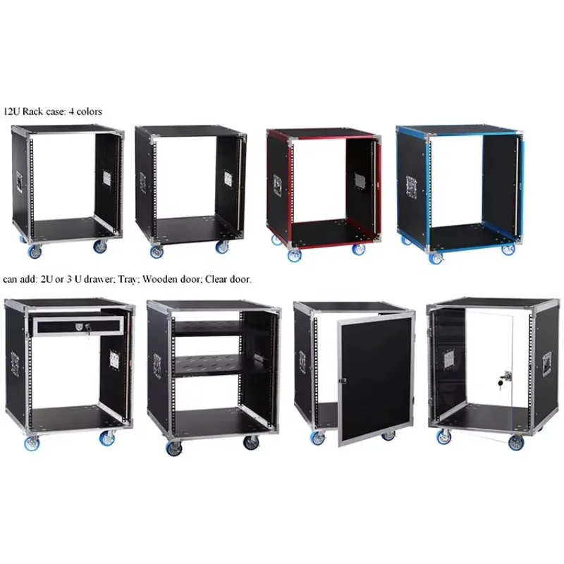 Rak Flight Case Aluminium 8U/10U/12U/16U dengan Roda, Penyimpanan Mixer Audio Amplifier, Kabinet Laci dengan Pintu Kayu/Transparan