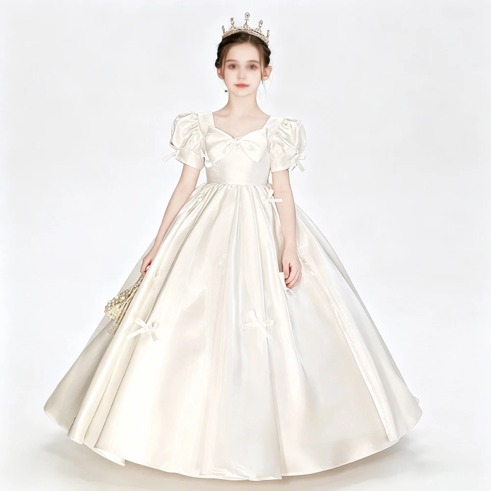 Princess Puff Short Sleeve Front Bow Satin Pageant And Wedding Party Dress For Girls Kids Elegant Evening Prom Birthday Gown