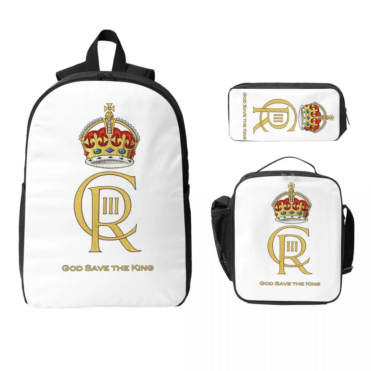 Charles III Royal Cypher, King Charles III, Charles Rex Backpack Boy Girl BookBag School Bag 3ps Insulated Lunch Bag Pencil Case
