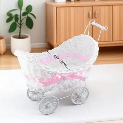 

1pc Cane Tricycles Ornaments Mini Stroller Mini Ratton Baby Tricycle Decorative Craft For Home Wedding Party Gift Pink