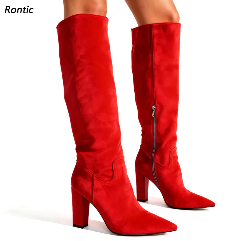 Rontic Artisan Crafted Wine Red Leather Knee Boots - Women's High Heel Fashion Boots Ladies US Size 5-15