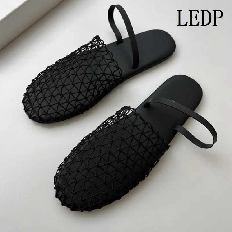 LEDP Brand Women's Flat Shoes 2024 New French Retro Mesh Woven Hollow Flat-bottomed Baotou Slippers Round Head Wearing Sandals