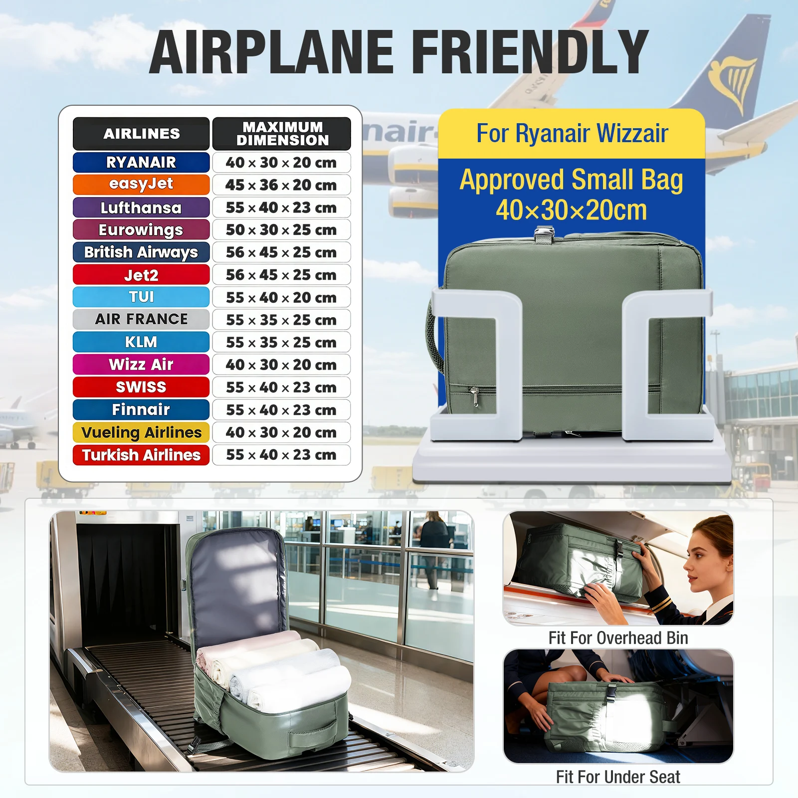 حقيبة ظهر للسفر على شكل طائرة مقصورة 40 × 20 × 30 حقيبة كابينة، حقيبة ظهر للنساء والرجال، حقيبة ظهر للكمبيوتر المحمول، حقيبة تخزين الملابس، حقيبة مدرسية