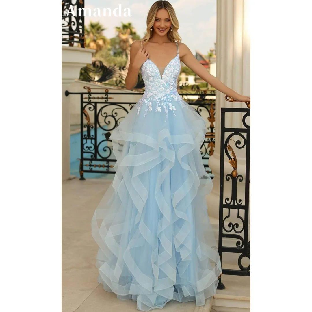 

Amanda Light Blue vestidos de noche Edge Curl Tulle Spaghetti Strap Prom Dresses Elegant Sleeveless Floor-Length Formal Evening