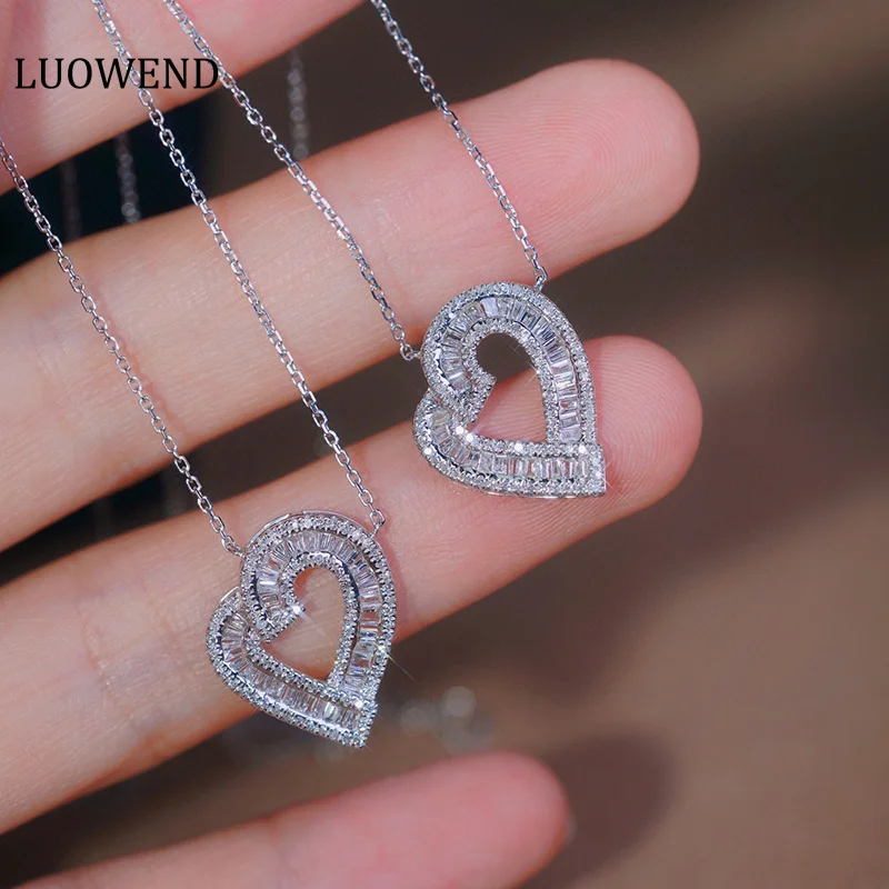 LUOWEND 18K White Gold Necklace Women Fashion Heart Shape 0.40carat Real Natural Diamond Pendant Necklace High Wedding Jewelry