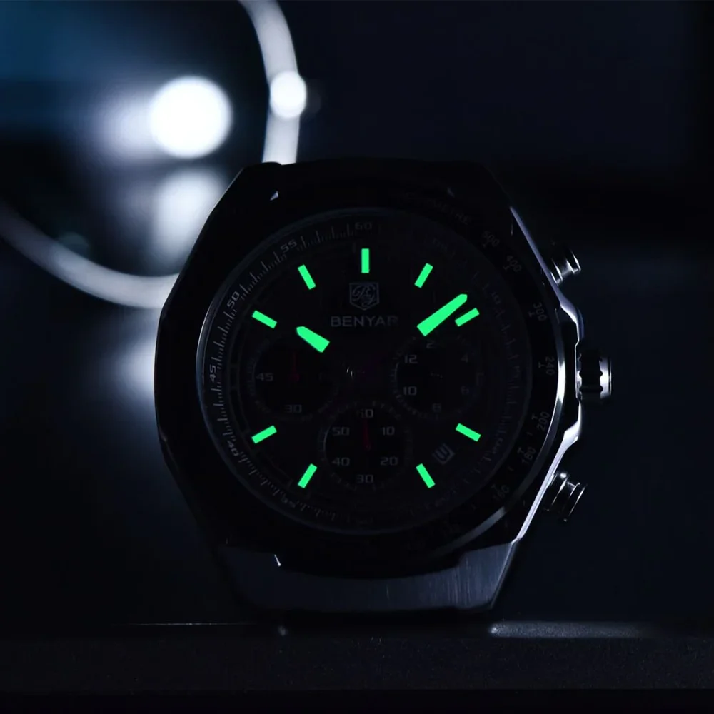 BENYAR ساعة رجالي فاخرة تاريخ كرونوغراف ساعة رجالي فاخرة مقاوم للماء ضوء الليل الرياضة العسكرية ساعة كوارتز رجالية صندوق هدايا #3