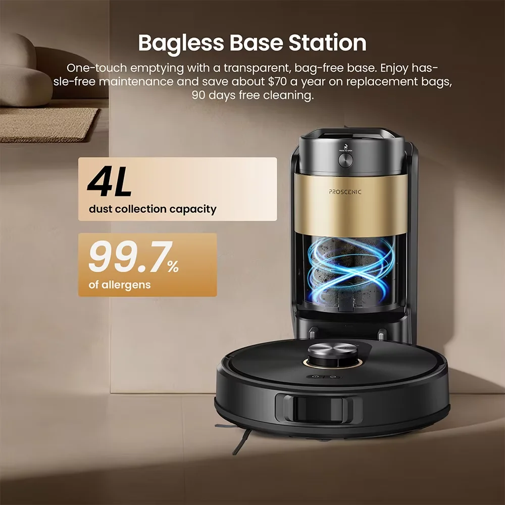 Aspiradora Robot Proscenic Q20 Plus con Función de Limpieza y Autovaciado, 10000Pa, 200 Minutos de Autonomía, para Alfombras y Pelo de Mascotas, Mapeo Lidar