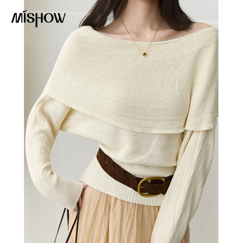 MISHOW Women's Off‑Shoulder Knit Sweater 2026 Autumn Large Fold‑Over Collar Knitwear Loose Long Sleeve Fashion Tops MXF44Z3229
