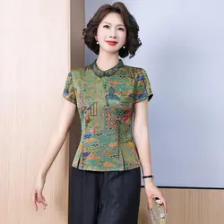 Xiangyun Yarn Top Summer Mid-Style Tang Suit Faux Silk Shirt Mother Clothes 2022 New Counter Mulberry Silk Short Sleeve