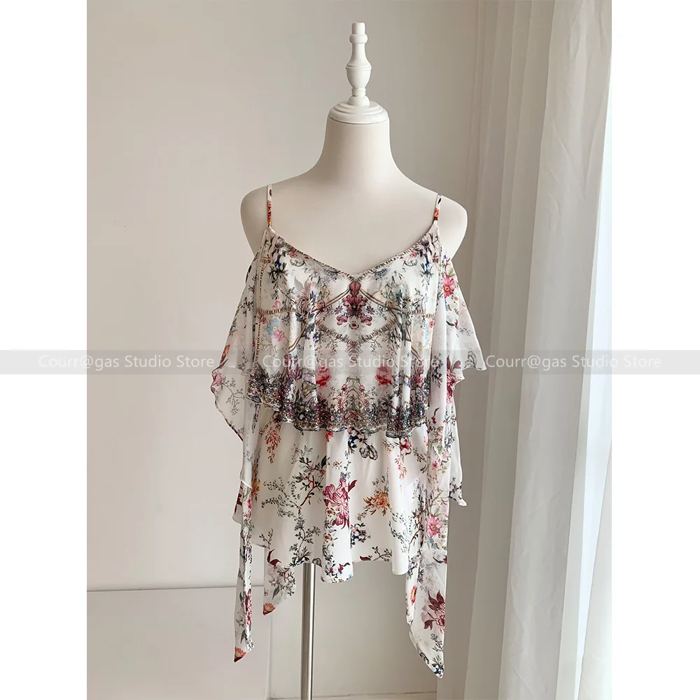 

2024 New summer style niche silk floral ruffle backless halter top for women