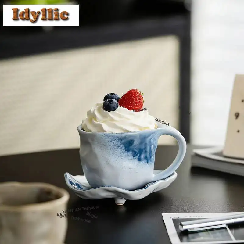 175ml Hand-pinched Lines Kiln Fambe Coffee Mug With Plate Beer Cup Afternoon Tea Mug Beverage Bottle Cup Saucer Kit Drinkware