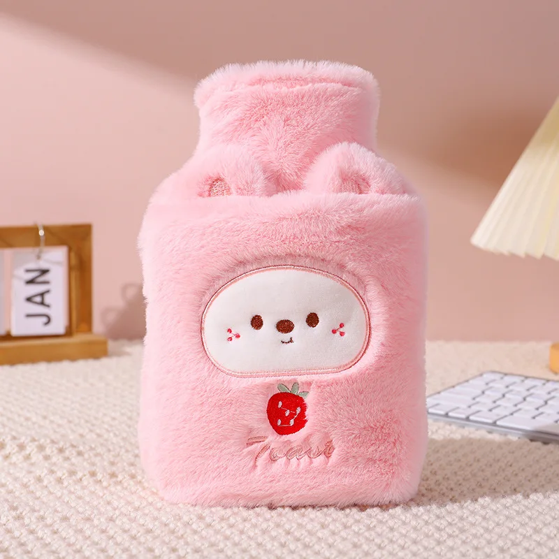 1000ml/33.81oz Warm Hot Water Bag PVC Inner Liner Water Injection Cute Warm Water Bag Cartoon Animal Cute Plush Portable Bag