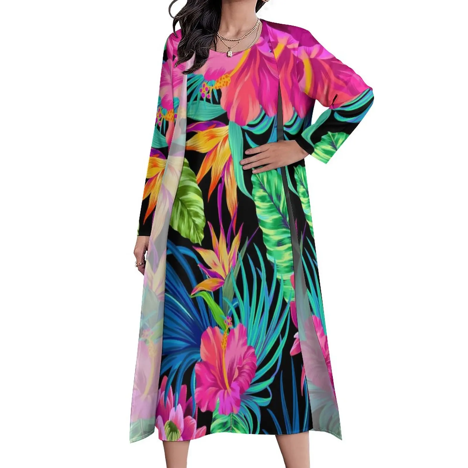 

Tropical Floral Dress Green Leaf Drive You Mad Hibiscus Sexy Maxi Dress Street Bohemia Long Dresses Long Sleeve Custom Vestidos