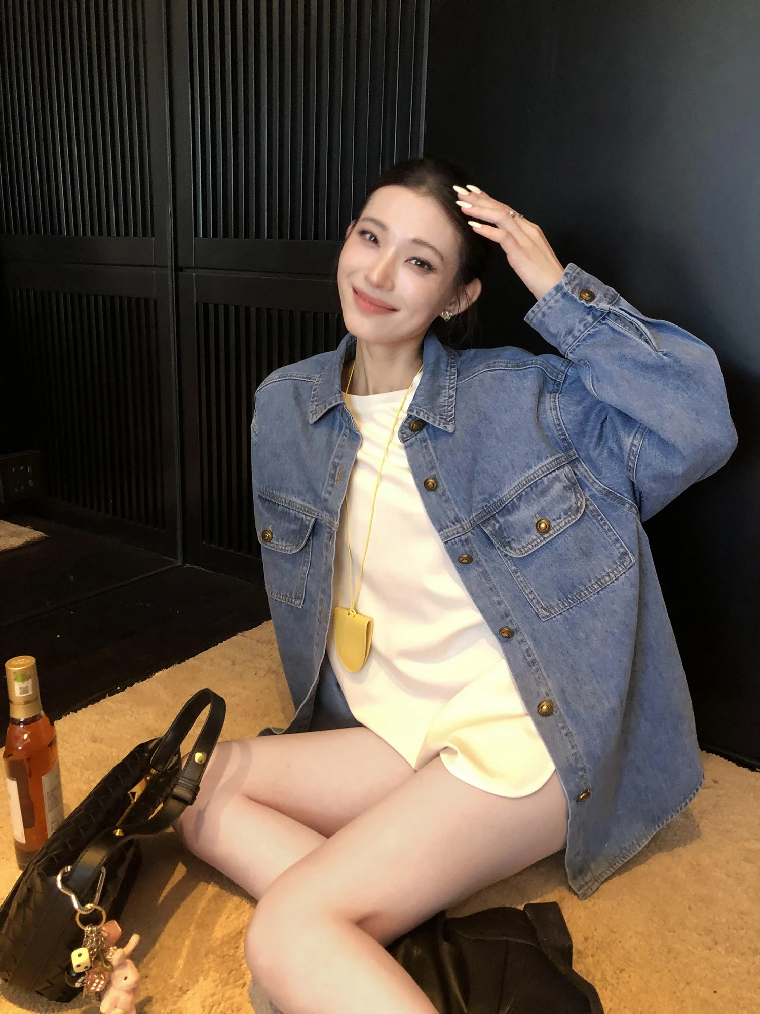 

Casual Loose Women's Denim irt Jaet Holiday Blue Vintage Sle Slimming Top Breathable Cotton Polyester Blend Long Sve
