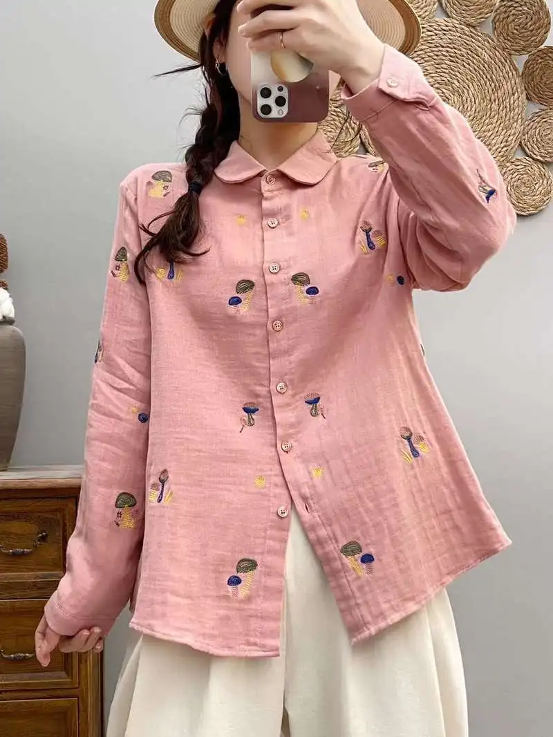 New Fall Cotton Yarn Long Sleeve Shirts, Women Lapel Embroidery Top, Mori Girl Casual Retro Loose Blouses, 2024 Winter T48749QC