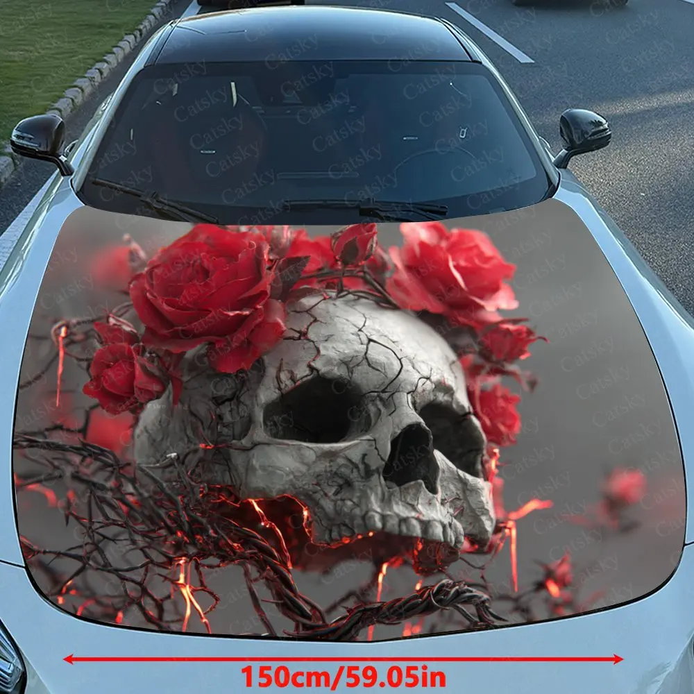 Red Flower And Skull Car Hood Sticker, Premium Vinyl Sticker For Automotive Exterior Customization, Durable PVC Vinyl Wrap