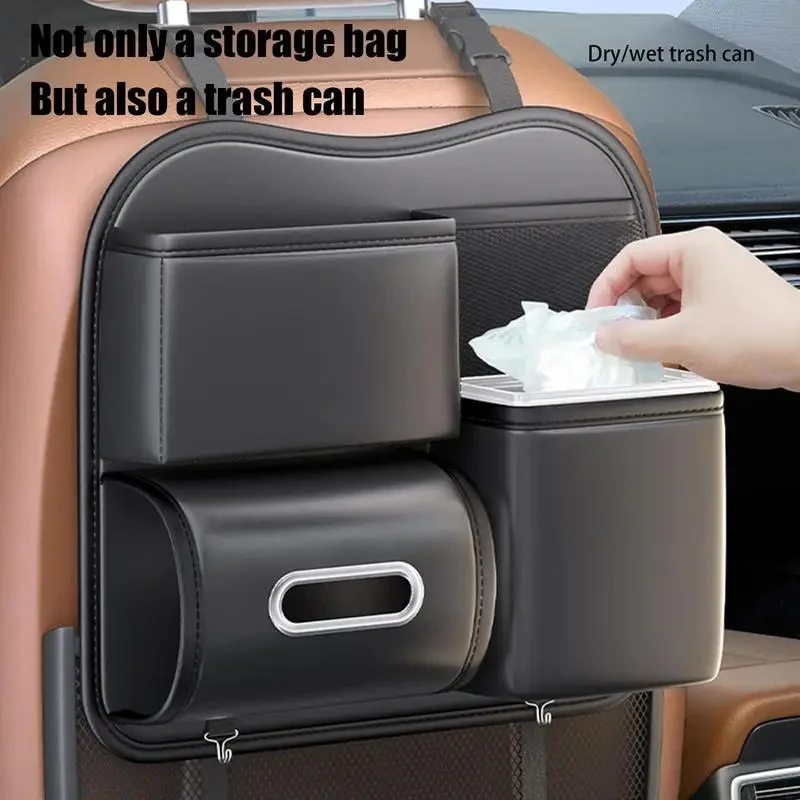 

PU Leather Car Trash Can 2-in-1 Back Seat Auto Garbage Bin with Tissue Organizer - Vehicle Waste Container