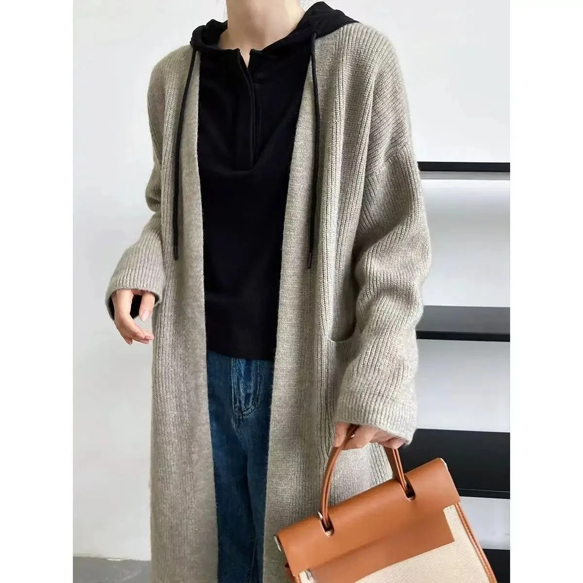 Autumn Winter Mid-Length Women's Sweater Coat With Pockets Casual Simple Loose Knitted Cardigan Clothing