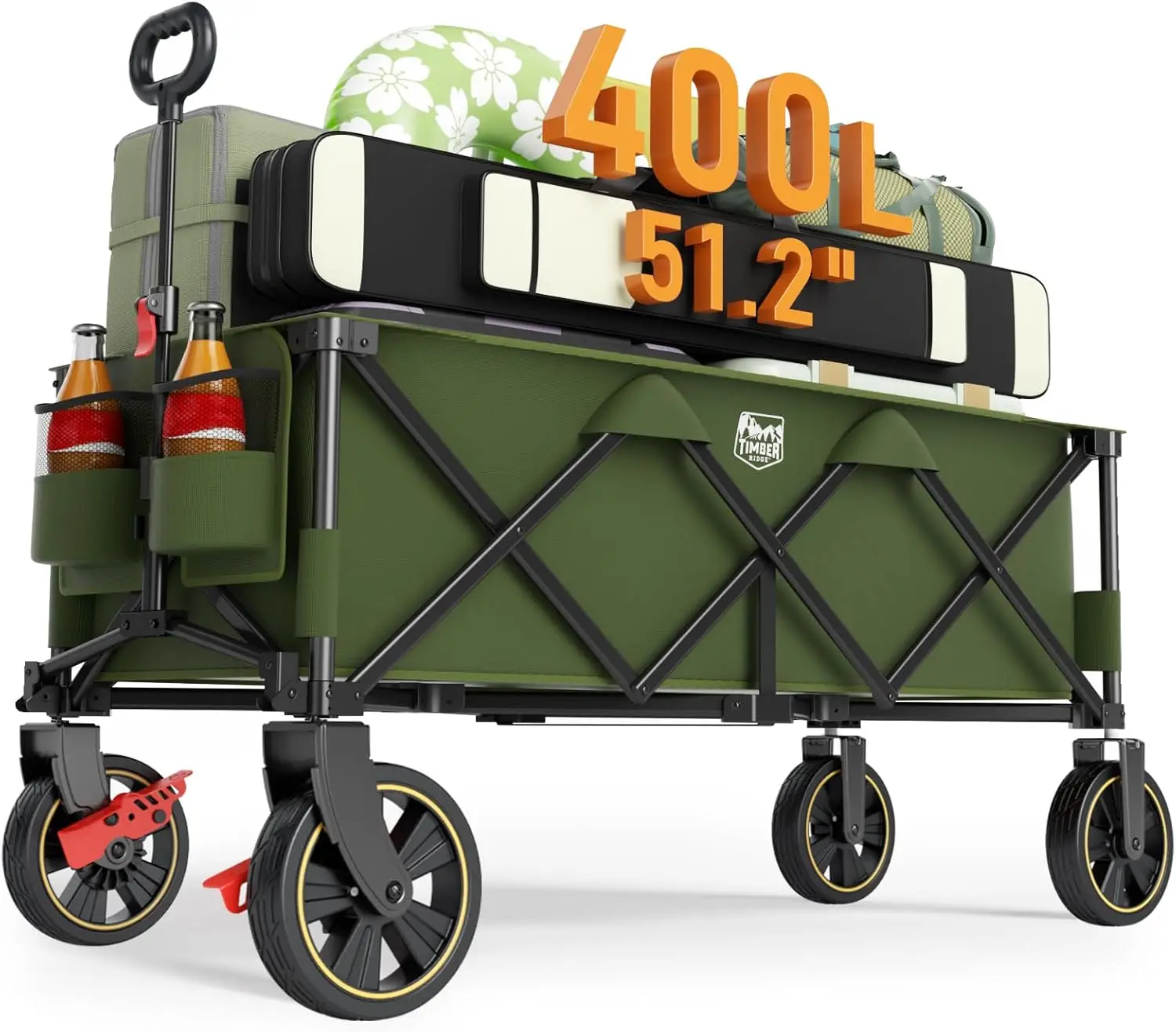 

51.2" Extended Collapsible Wagon Cart with Brakes and Cargo Net, Heavy Duty Foldable Utility Wagon, 400L Capacity for Camping Sports Shopping