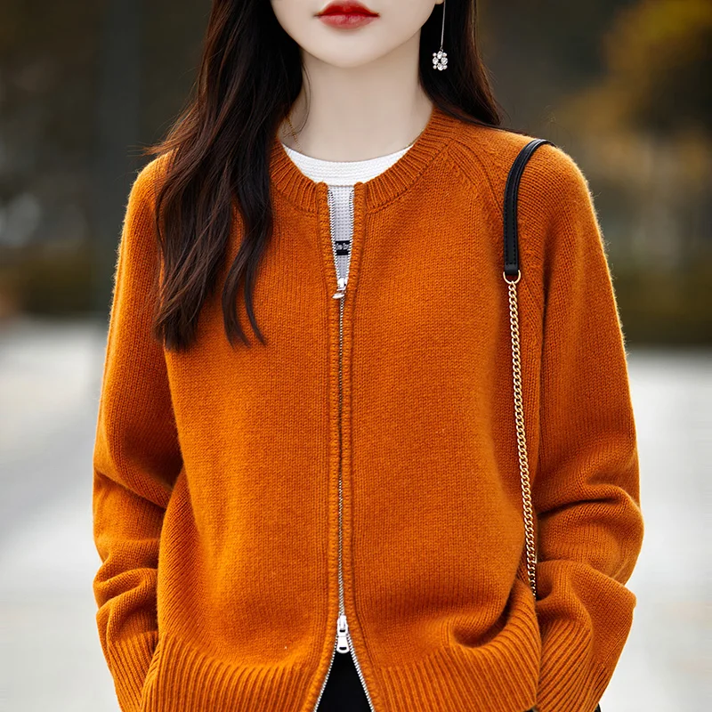 Ali select Frühling Herbst Winter Frauen Pullover Reiß verschluss O-Ausschnitt Strickjacke 100% Merinowolle lässig Kaschmir Strickwaren koreanische Mode Top