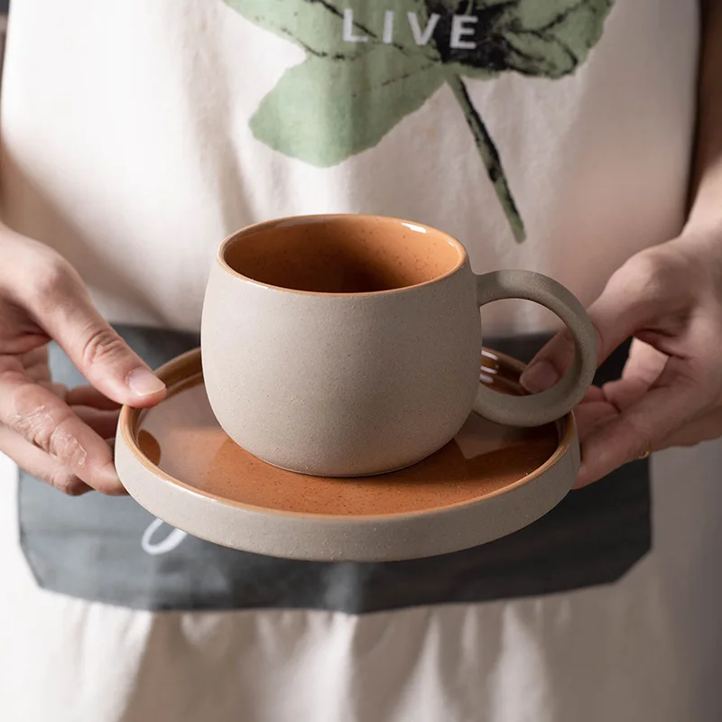 Retro Coarse Pottery Coffee Cup Saucer Matte Sandy Texture Creative Simple Latte Art Ceramic Mug Set