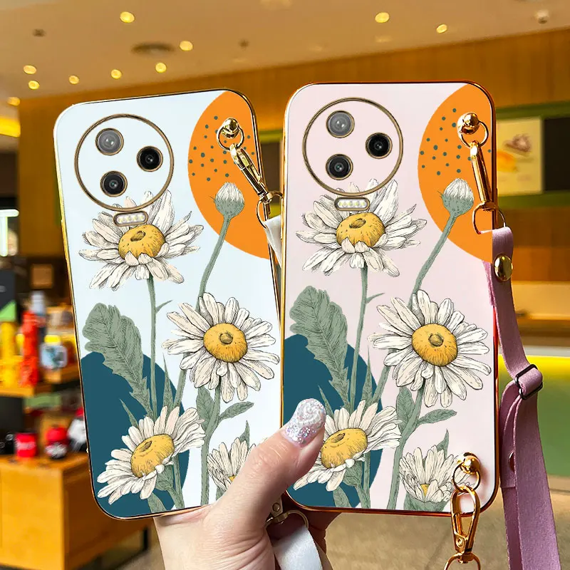 Sunflower Lanyard Plating Phone Case For Infinix Note 10 12 11 10Pro 12VIP 30i 30 30Pro 11Pro 12Pro 30VIP Hot 11S 12 10 Cover