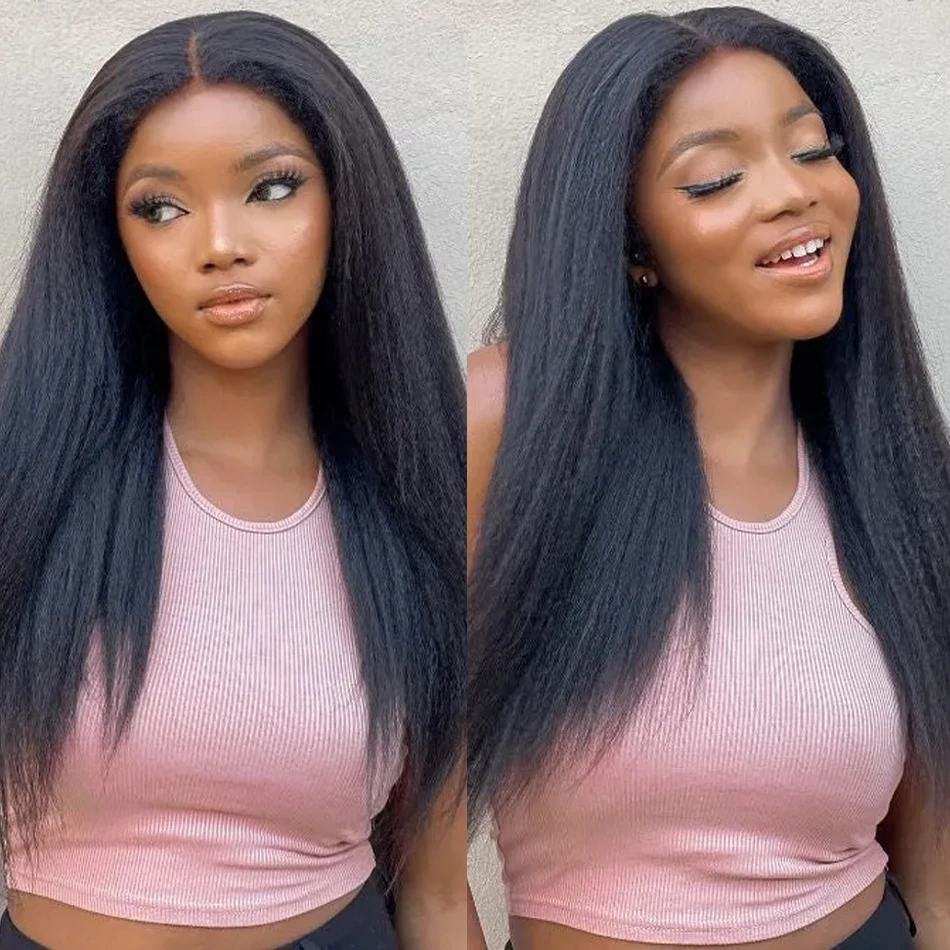 30 40Inch Kinky Straight Human Hair Wig 4C Yaki Straight 13x4 Lace Frontal Wigs Brazilian Human Hair Wigs for Women Pre Plucked image 2